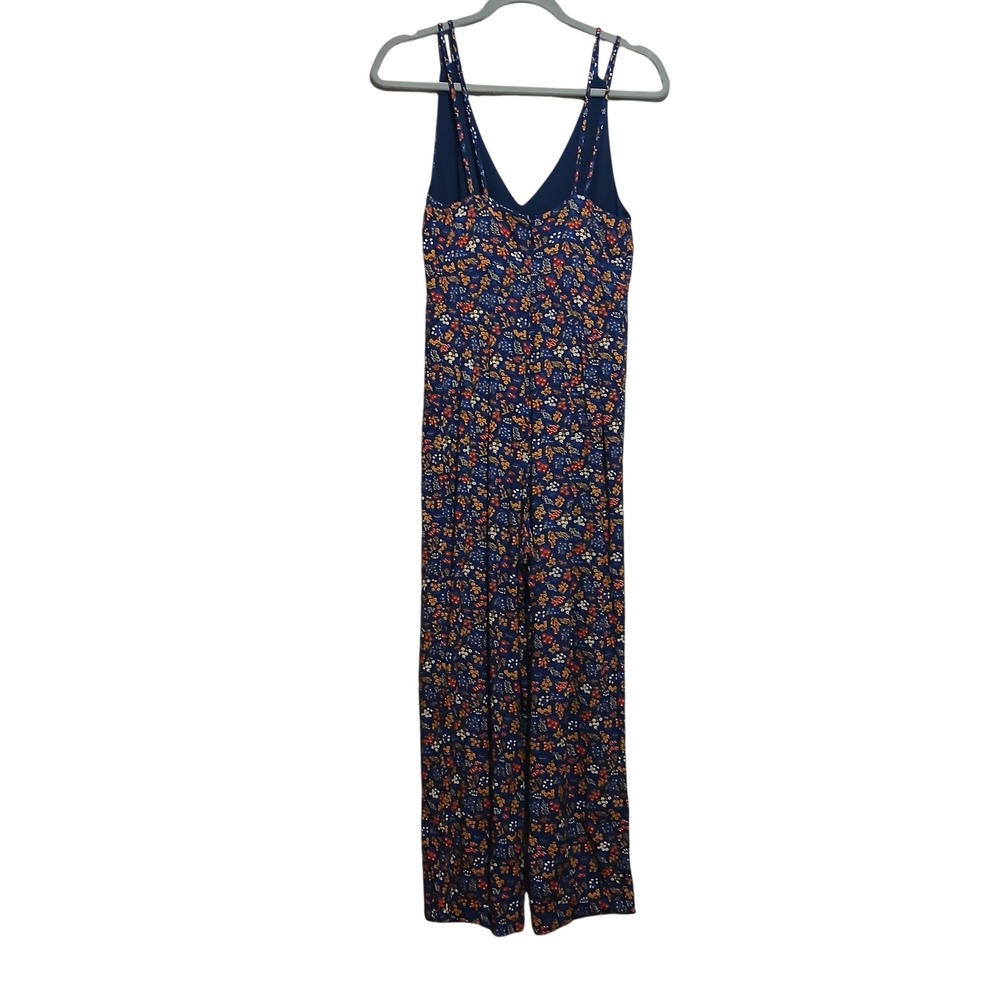 Madewell Floral V-Neck Jumpsuit Navy Blue Orange Wide Leg Double Strap Size 0 - Picture 3 of 10